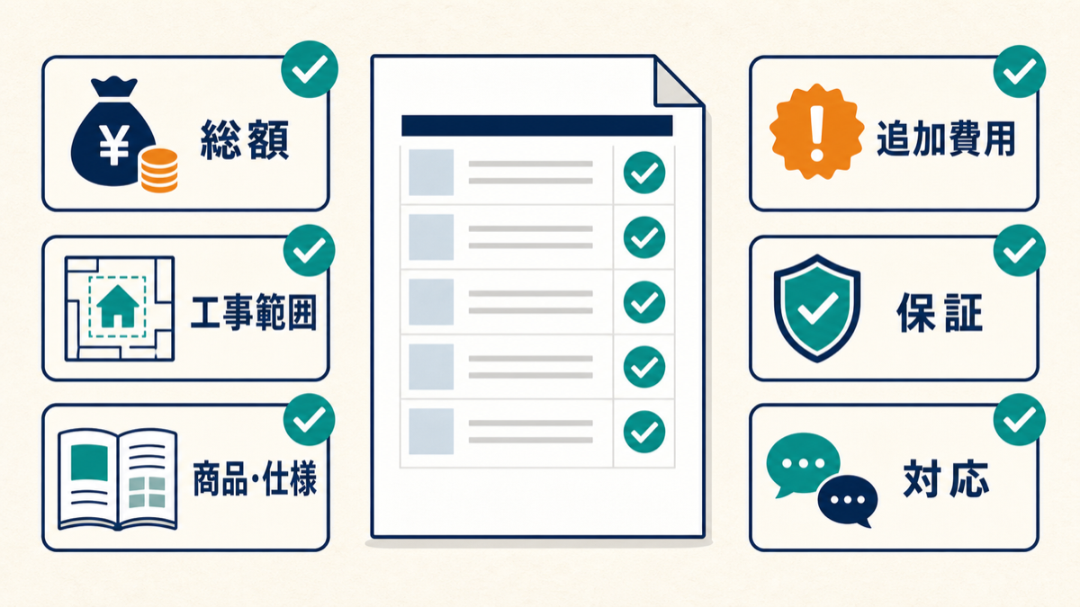 外構見積もりで比較する総額・工事範囲・商品仕様・追加費用・保証・対応の図解