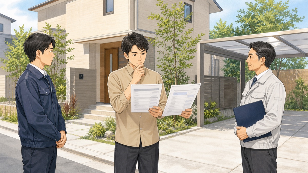 ハウスメーカーと外構業者の見積もりを比較するイラスト