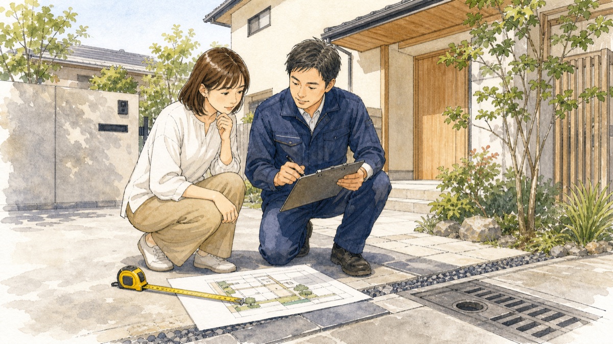 外構業者と現地調査を行う様子のイラスト