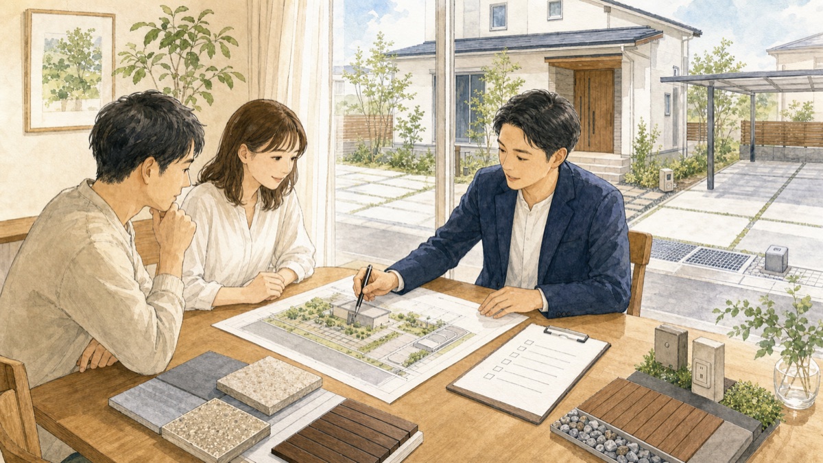 外構の打ち合わせで配置図を確認するイラスト