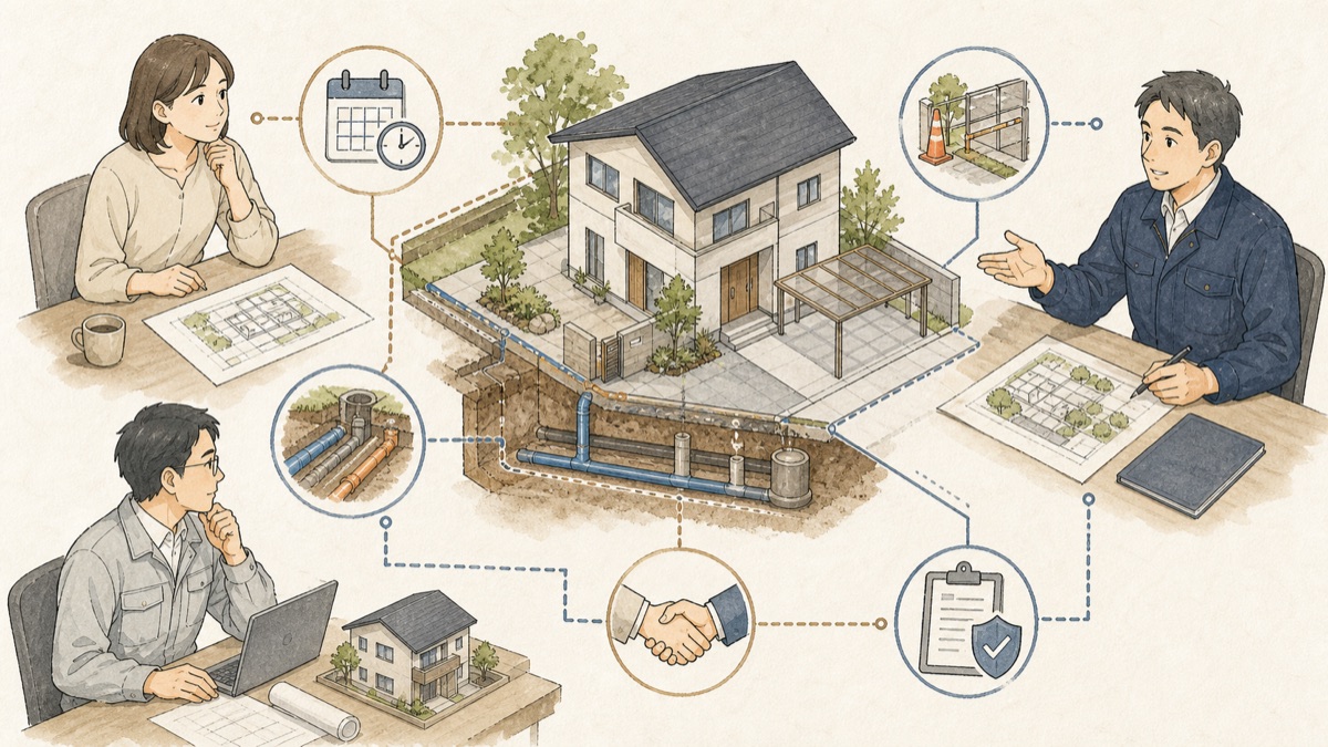 ハウスメーカーと外構業者の連携ポイントを示すイラスト
