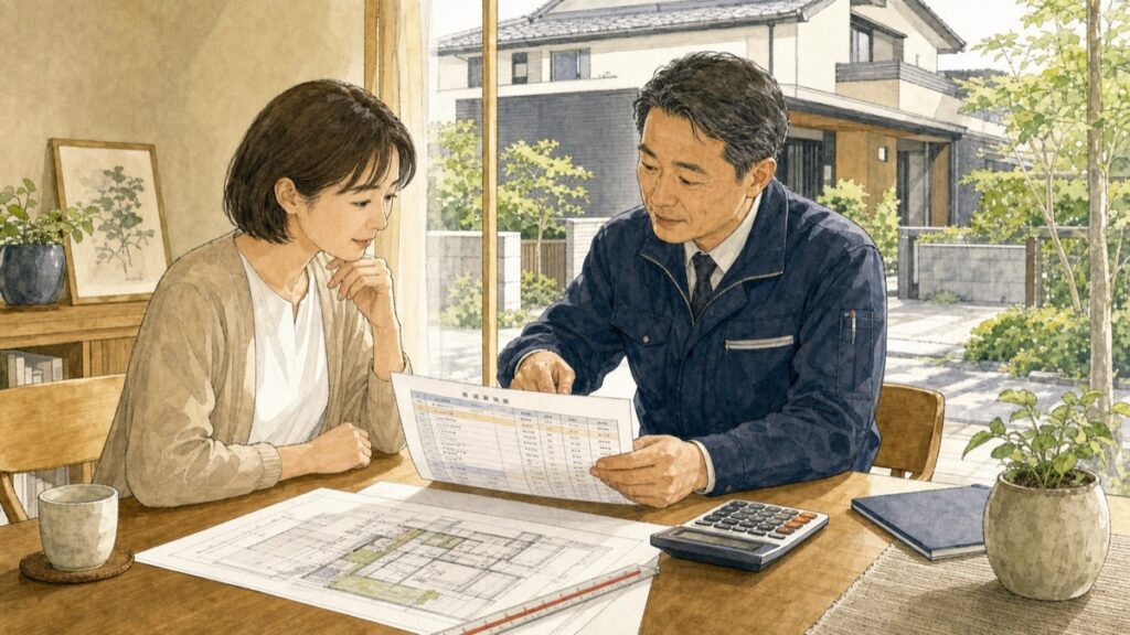 外構業者と施主が見積書の内訳を確認するイラスト