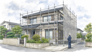 戸建て住宅に正しく設置された足場のイラスト