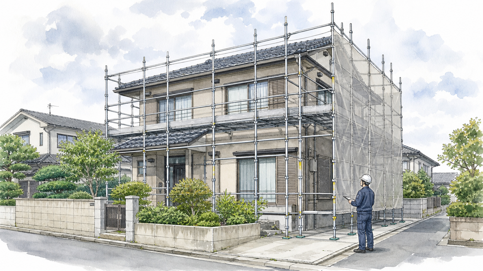 戸建て住宅に正しく設置された足場のイラスト