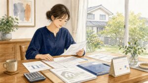新築1年目の税金書類を整理する施主のイラスト