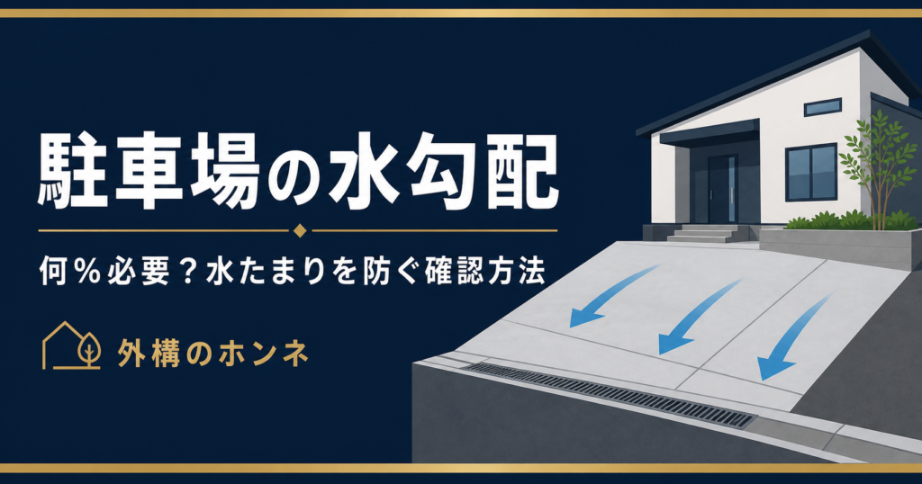 駐車場コンクリートの水勾配と排水方向を示した図解