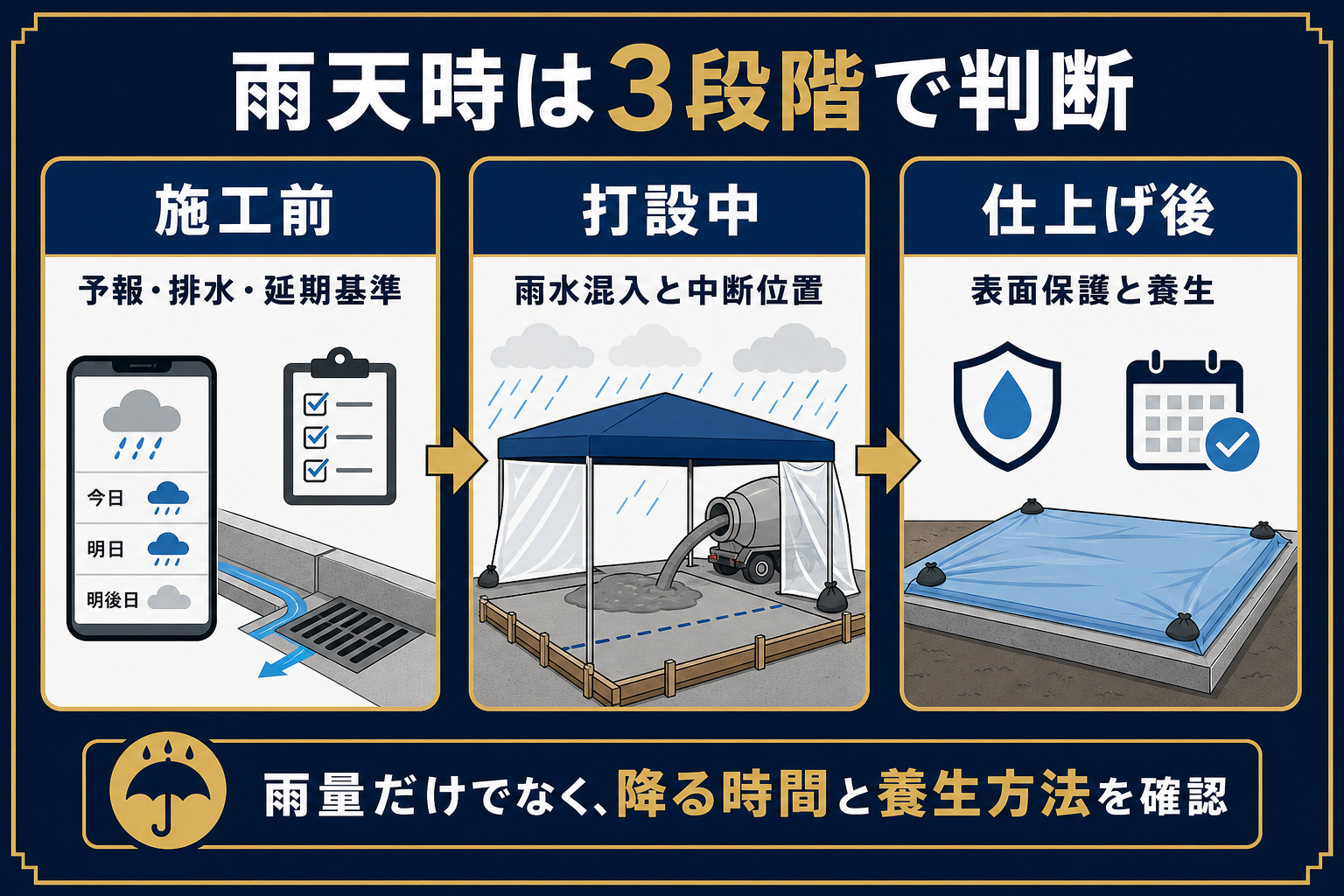 雨天時の土間コンクリート工事を施工前・打設中・仕上げ後で判断する図解