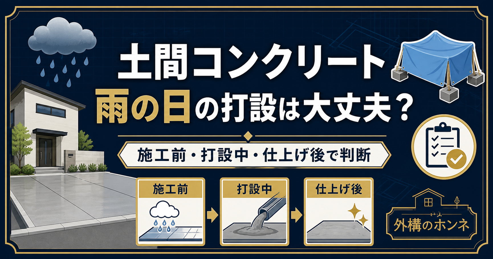 土間コンクリートを雨の日に打設するときの判断を解説する図解