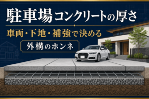 駐車場の土間コンクリートと砕石路盤の厚さを示す断面図