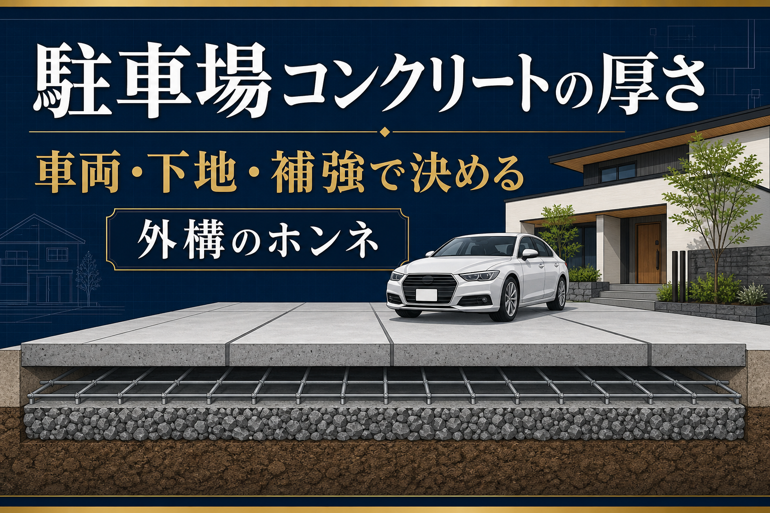 駐車場の土間コンクリートと砕石路盤の厚さを示す断面図