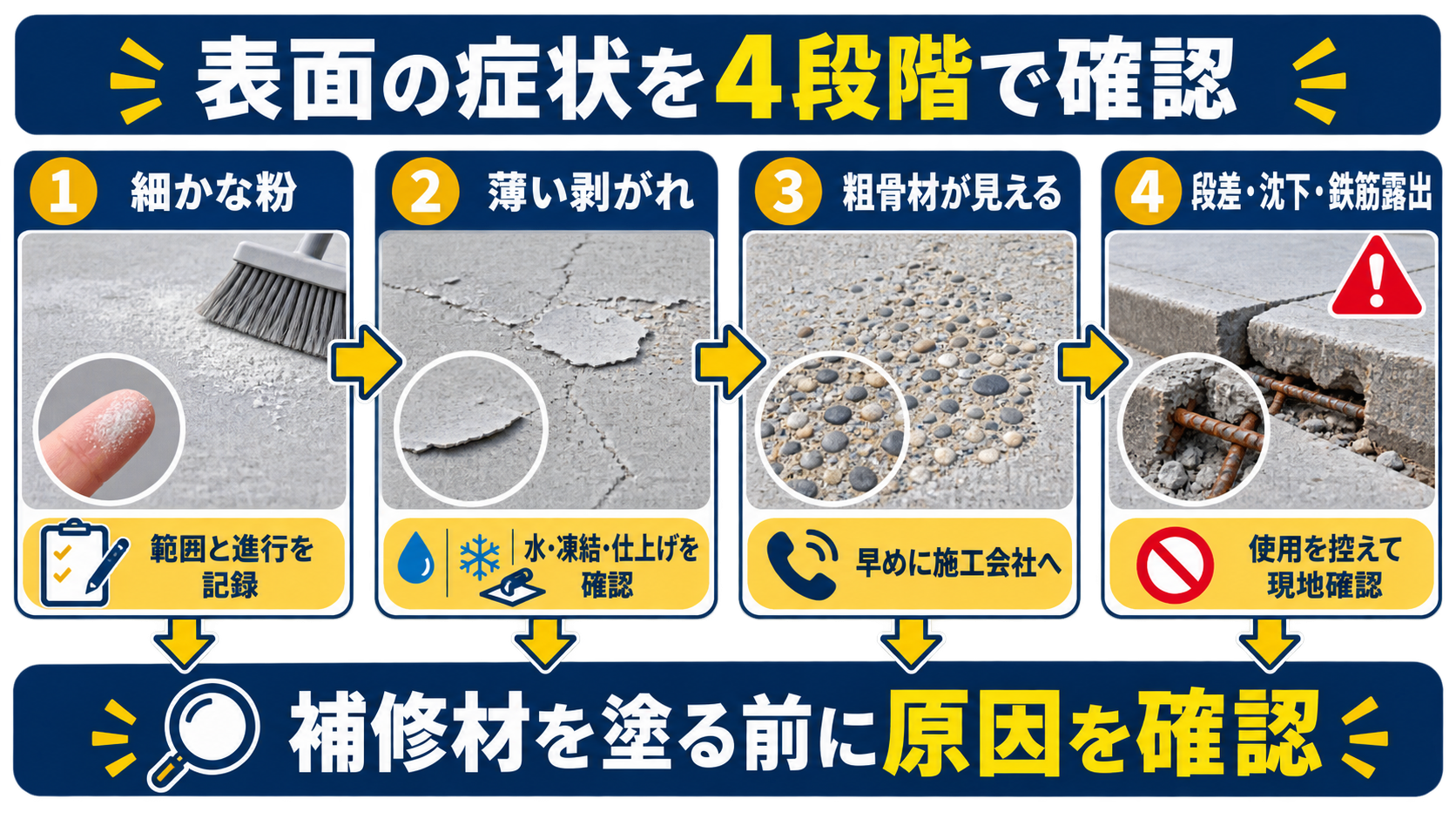 土間コンクリートの粉・表面剥がれ・粗骨材露出・段差を見分ける図解