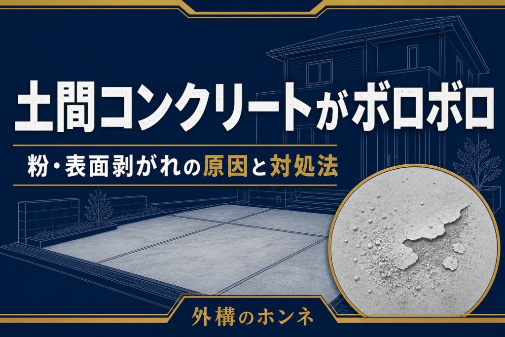 土間コンクリートがボロボロになり粉や表面剥がれが出た状態の図解