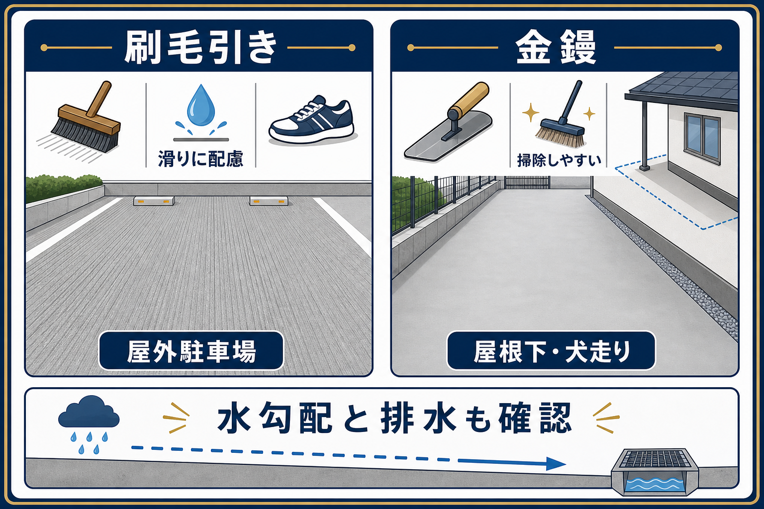 土間コンクリートの刷毛引きと金鏝の滑り・掃除・向く場所を比較する図解