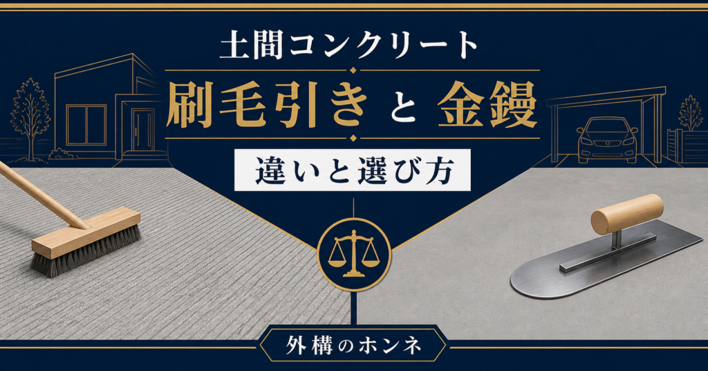 土間コンクリートの刷毛引き仕上げと金鏝仕上げを比較する図解