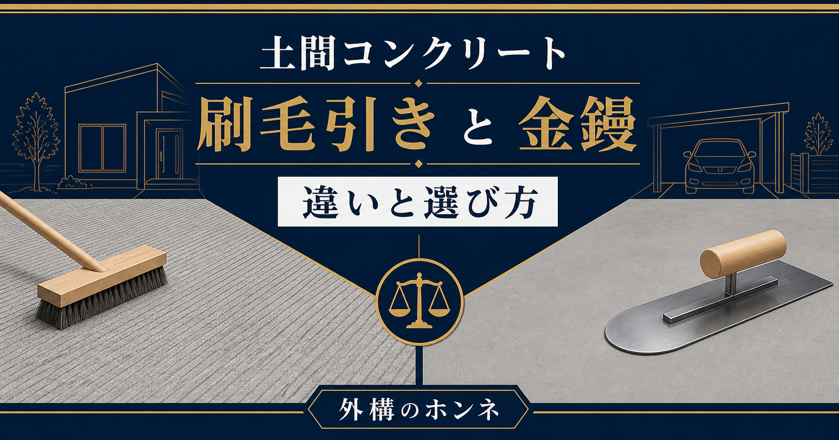 土間コンクリートの刷毛引き仕上げと金鏝仕上げを比較する図解