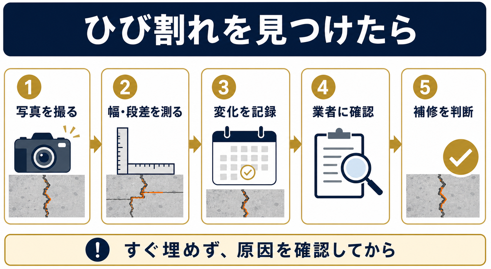 土間コンクリートのひび割れを見つけたときの5つの確認手順