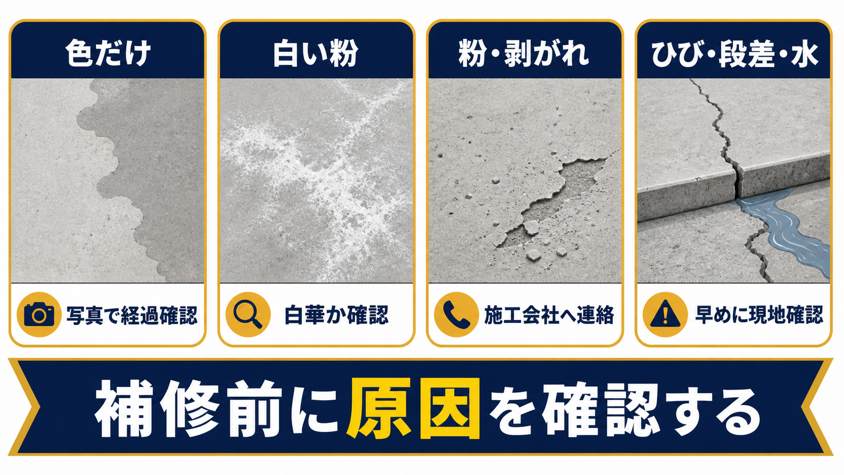 土間コンクリートの色むら・白華・表面剥がれ・ひび割れを見分ける図解