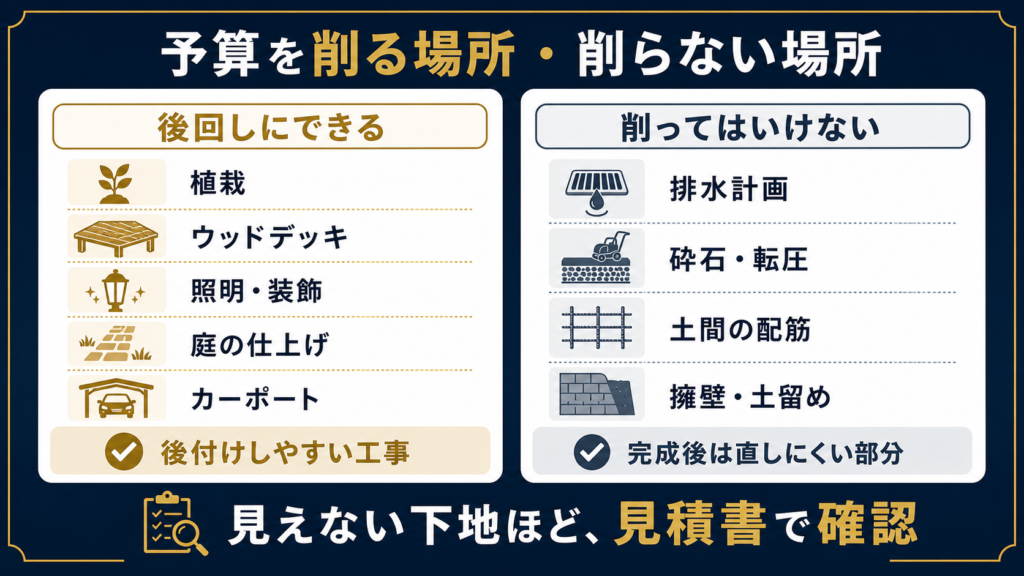 外構予算で後回しにできる工事と削ってはいけない排水・下地・配筋の比較図