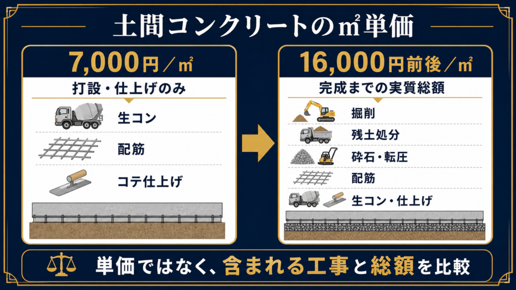 土間コンクリートの㎡ 7,000円と16,000円前後に含まれる工事範囲の比較図
