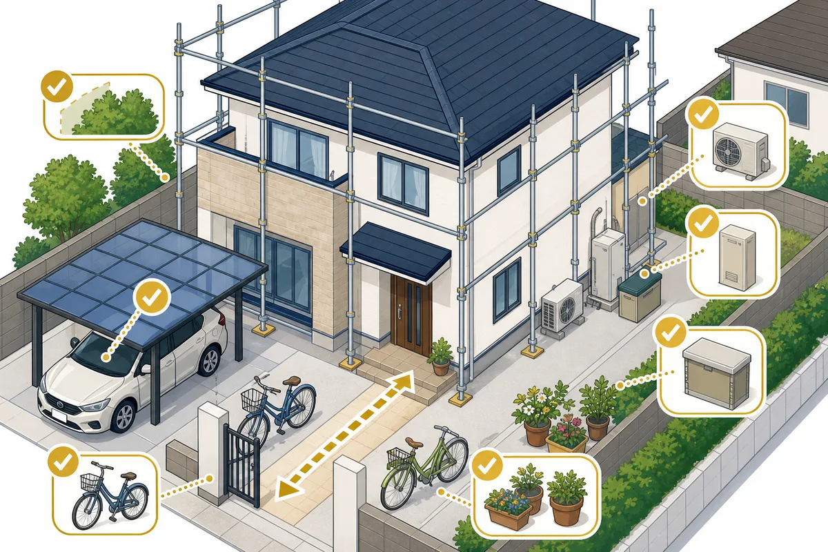 外壁塗装の足場工事前に確認する車・自転車・植木・室外機・生活動線の図解