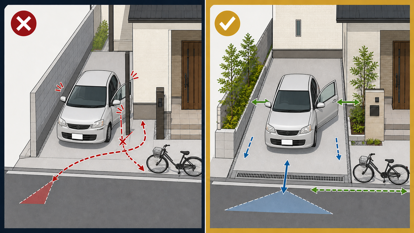 使いにくい駐車場と使いやすい駐車場の配置比較図