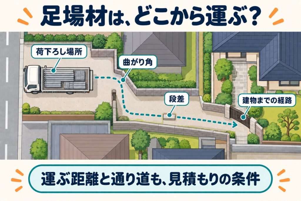 荷下ろし場所から曲がり角と段差を通って建物まで足場材を運ぶ経路の図