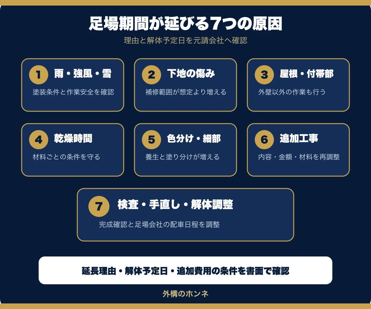 外壁塗装の足場期間が天候や補修などで延びる7つの原因