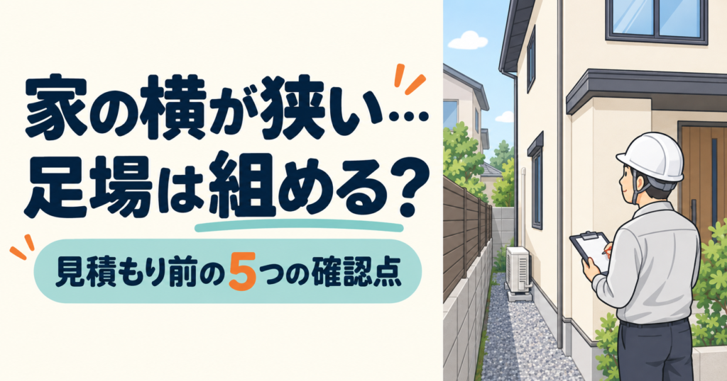 家の横の狭い通路と設備を現地調査で確認するイメージ