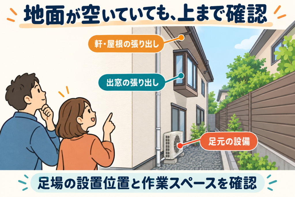 地面が空いていても、軒・屋根の張り出し、出窓の張り出し、足元の設備を確認する必要があることを示す図