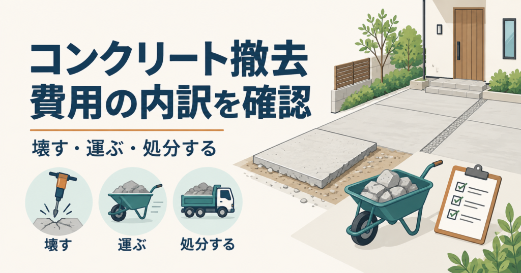 駐車場のコンクリート撤去費用の内訳（壊す・運ぶ・処分する）を確認するイメージ