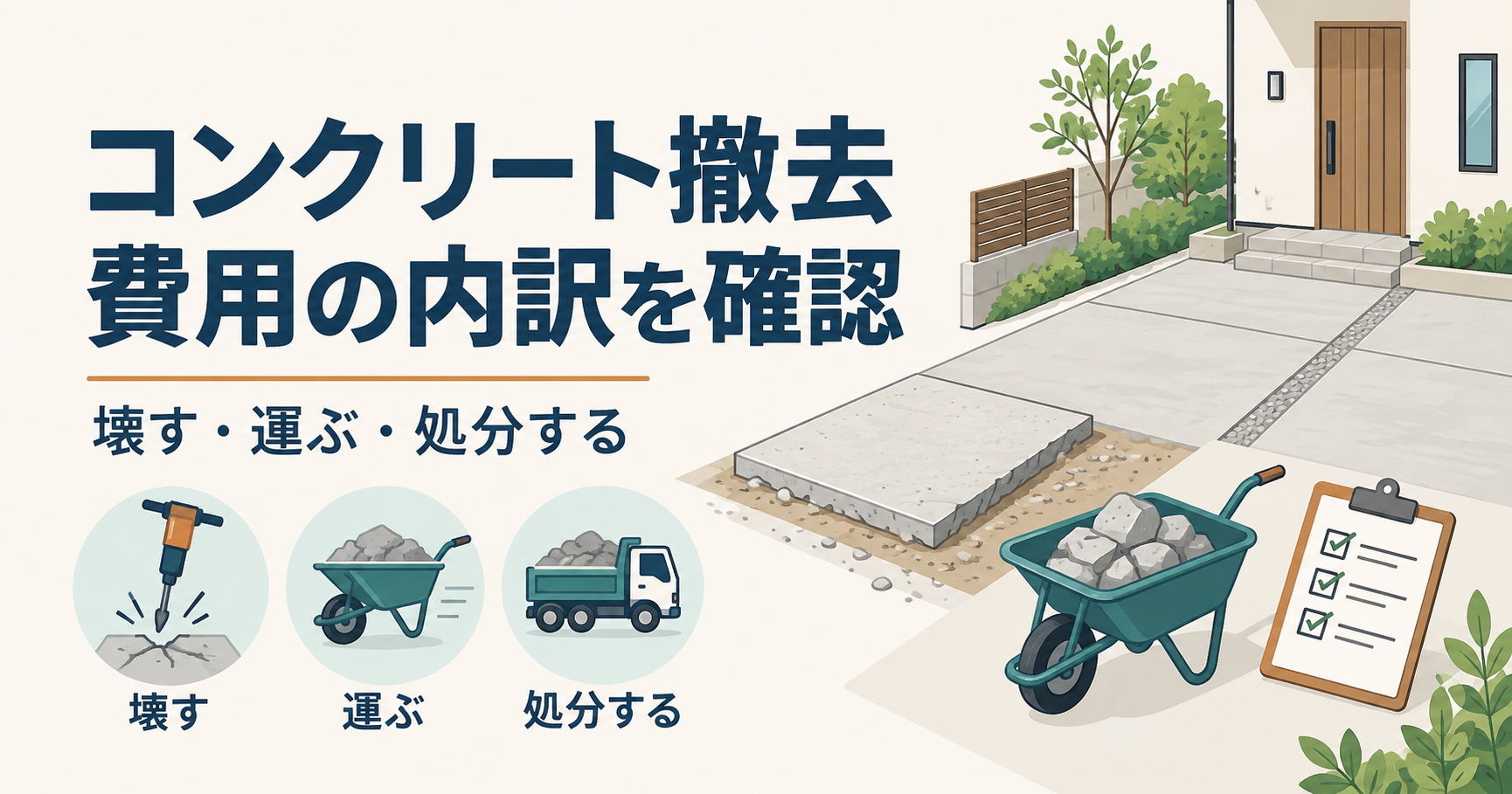 駐車場のコンクリート撤去費用の内訳（壊す・運ぶ・処分する）を確認するイメージ