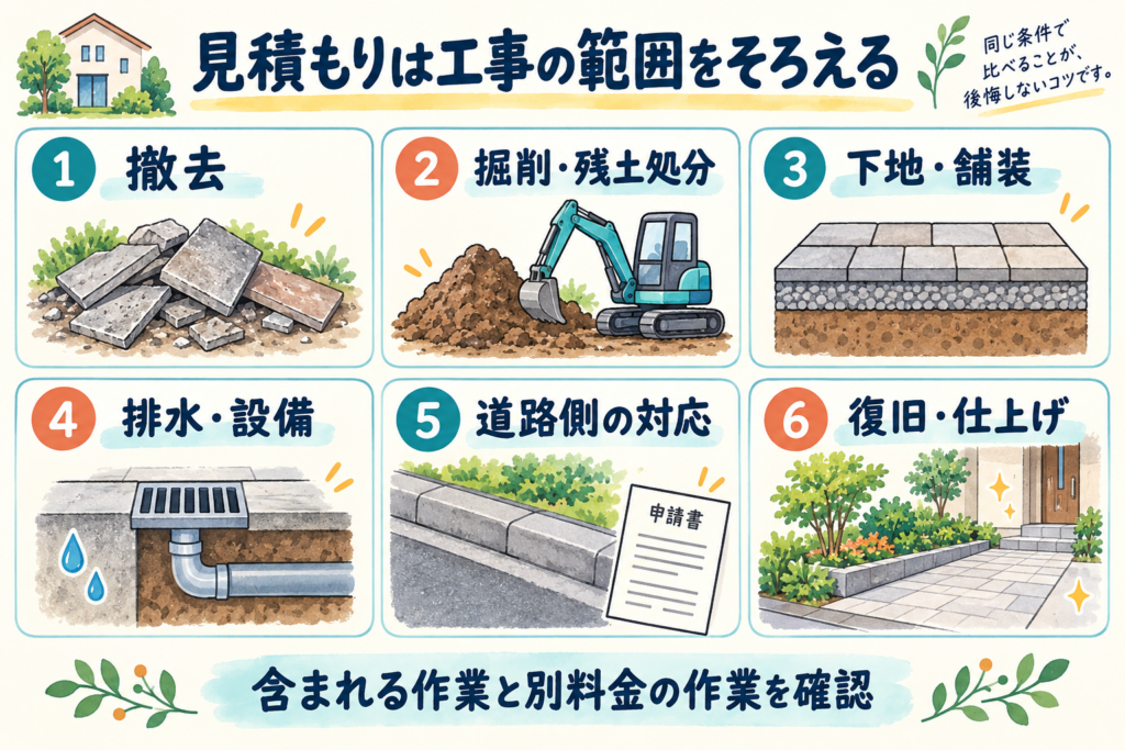 見積もりでそろえる6つの工事範囲(撤去・掘削と残土処分・下地と舗装・排水と設備・道路側の対応・復旧と仕上げ)