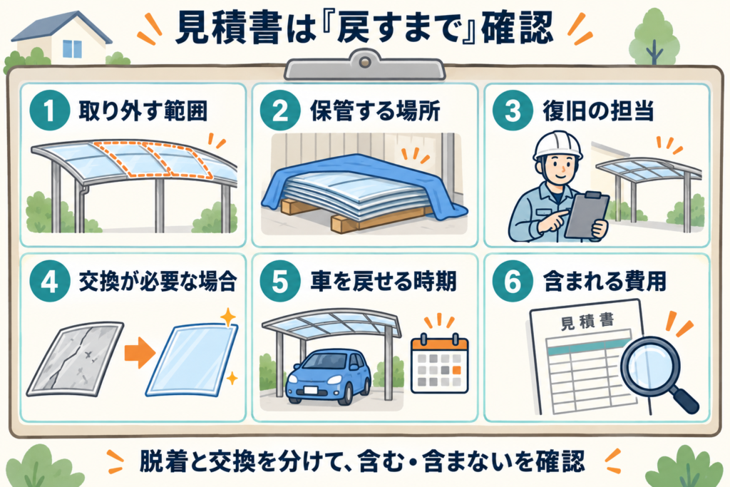 カーポートの屋根材を外すときに見積書で確認する6項目