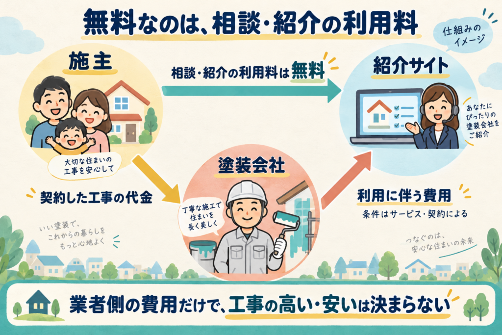 施主が払う工事代金と、塗装会社が紹介サイトに払う費用の関係を示した図
