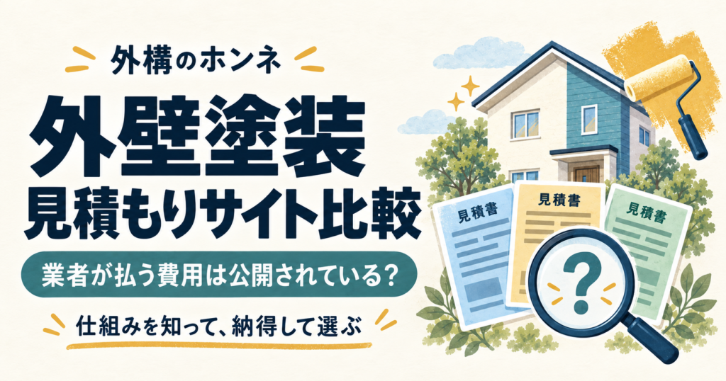家と3枚の見積書を虫眼鏡で確認する、外壁塗装の見積もりサイト比較の図解