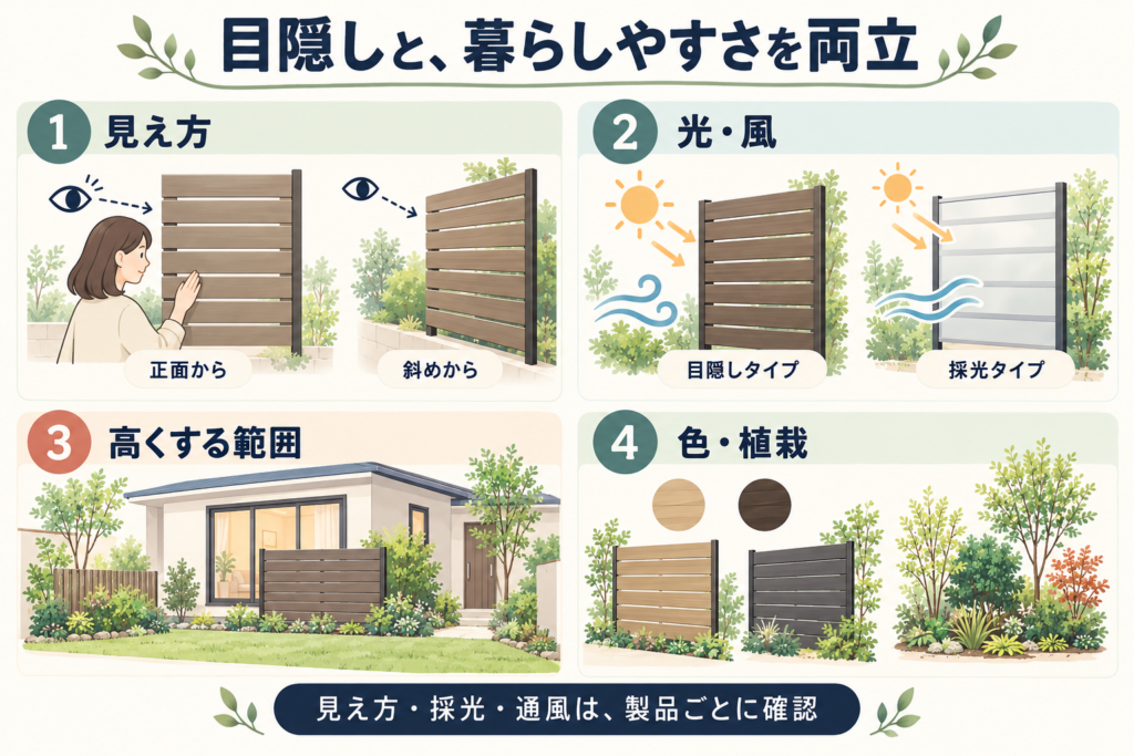 目隠しと暮らしやすさの両立（見え方、光・風、高くする範囲、色・植栽）