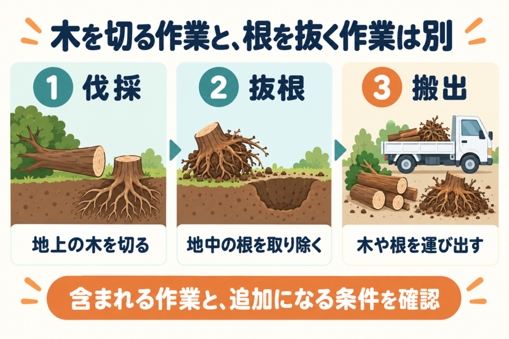 伐採・抜根・搬出の違いを示す図。地上の木を切る、地中の根を取り除く、木や根を運び出す