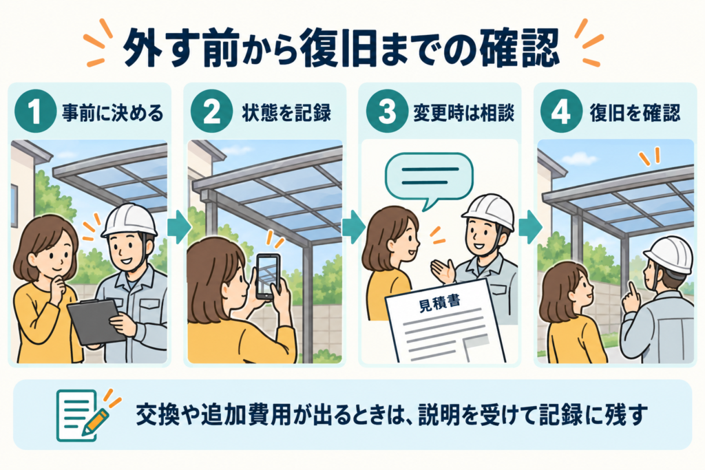 屋根材を外す前から復旧までの確認の流れ