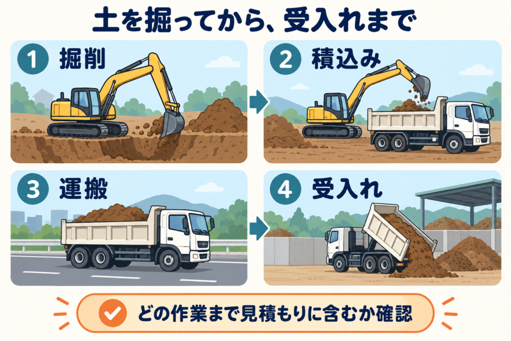 掘削・積込み・運搬・受入れの4つの作業を順に示した図。土を掘り、トラックへ積み込み、運搬し、搬出先で受け入れてもらう流れ