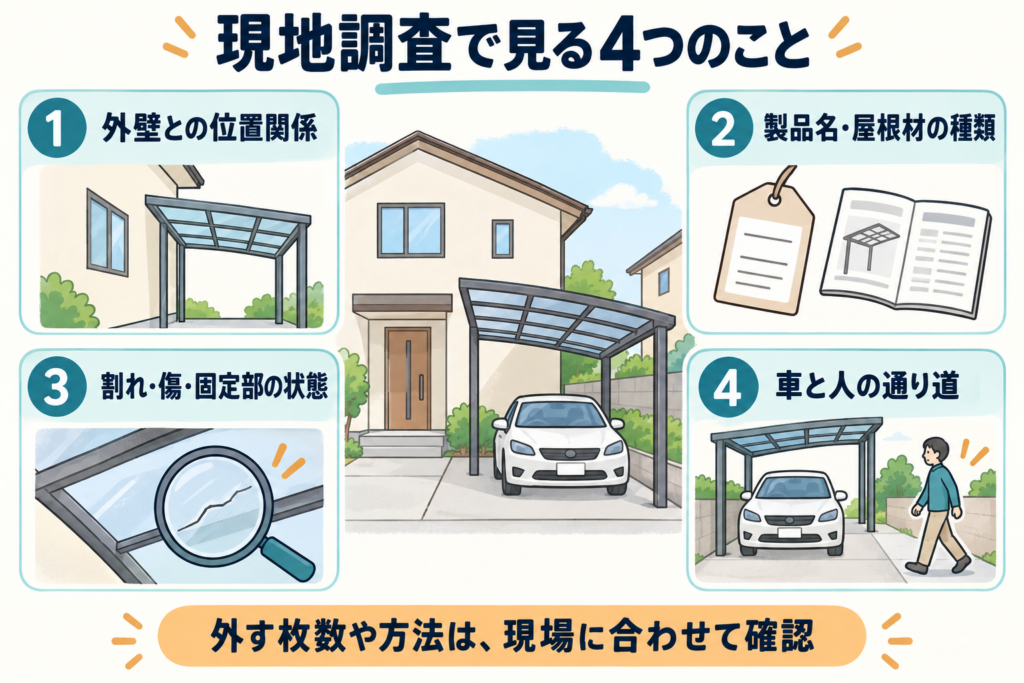 現地調査で見る4つのこと（外壁との位置関係・製品名と屋根材の種類・割れや固定部の状態・車と人の通り道）