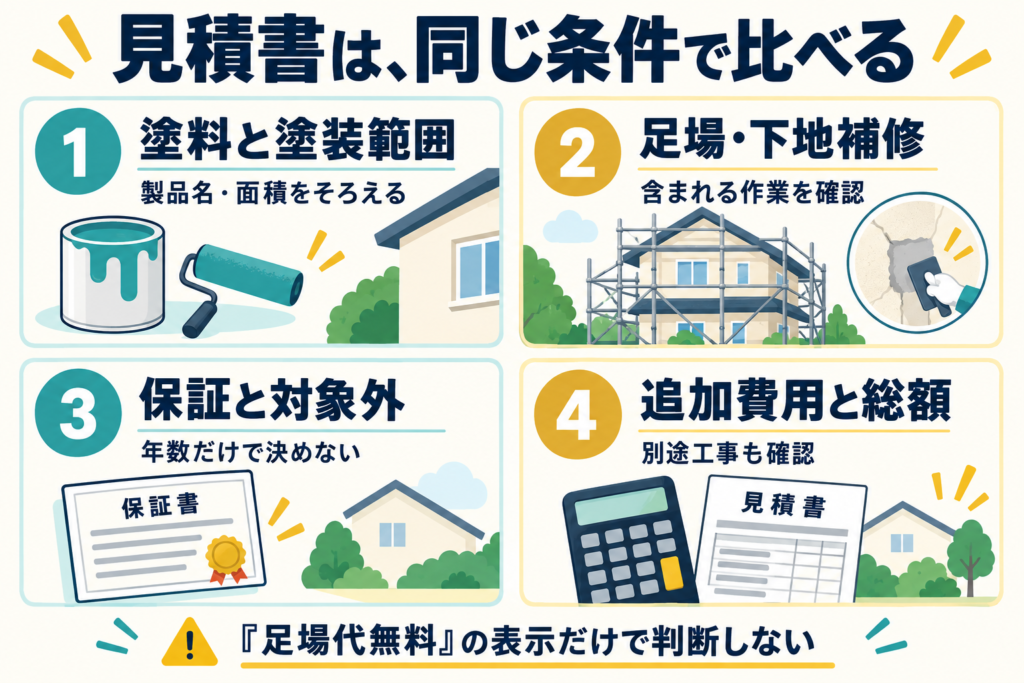 外壁塗装の見積書で塗料と範囲、足場と下地補修、保証、追加費用と総額を比べることを示した図