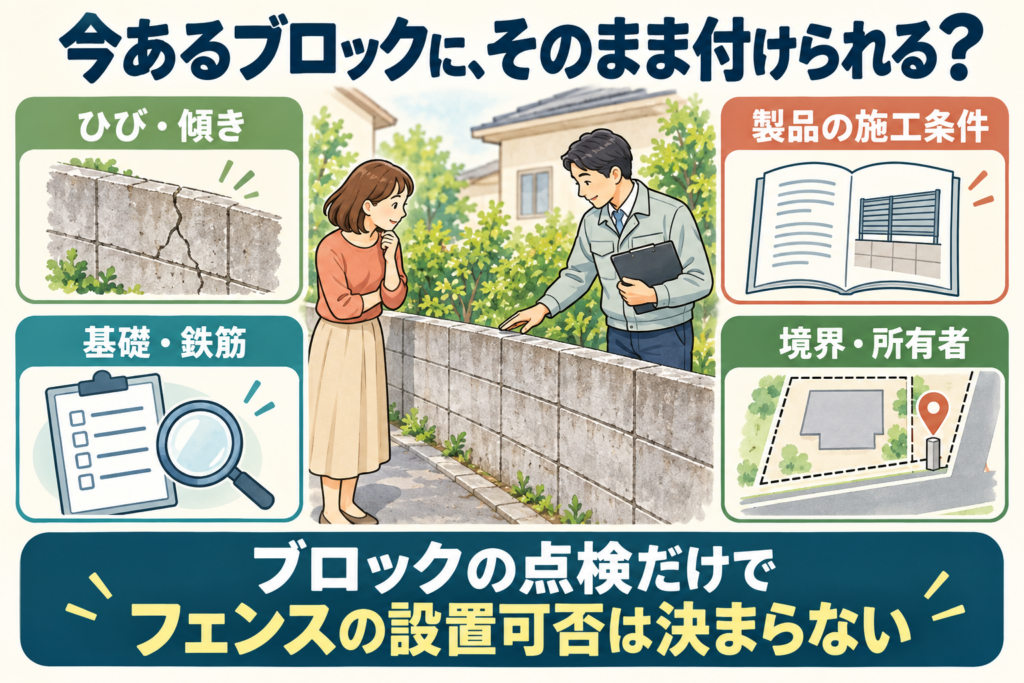 今あるブロックにフェンスを付けられるか確認すること（ひび・傾き、基礎・鉄筋、製品の施工条件、境界・所有者）
