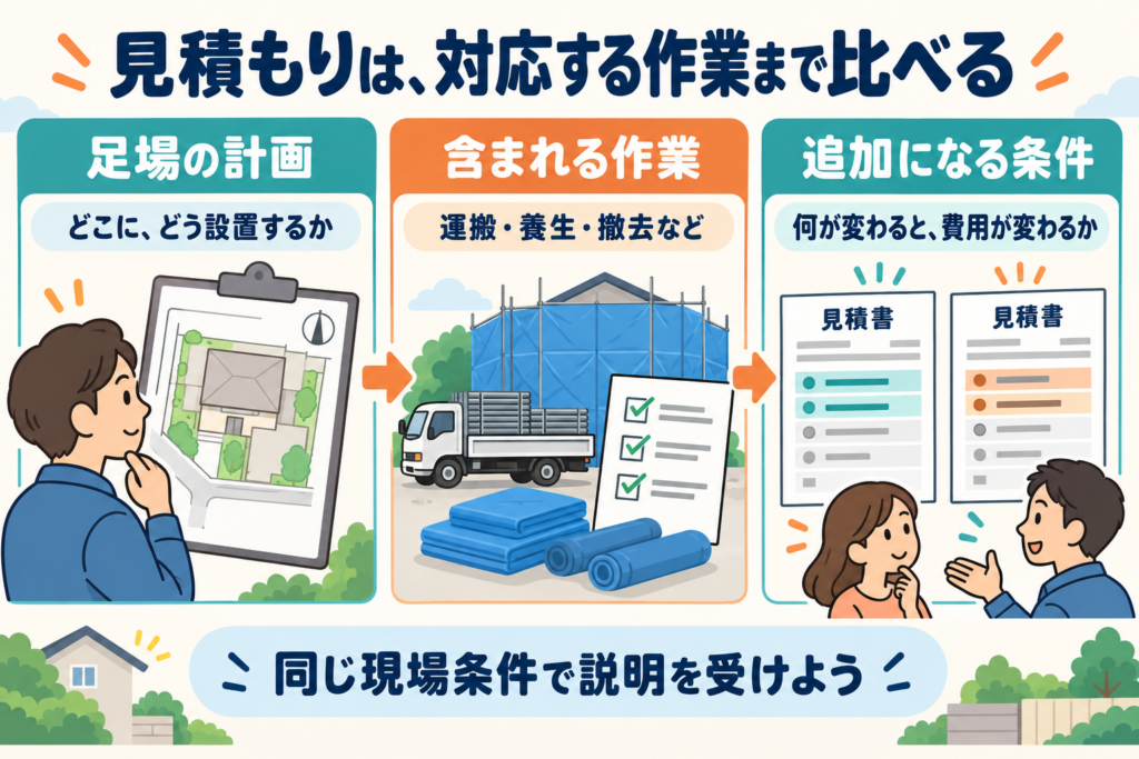 見積もりは足場の計画、含まれる作業、追加になる条件の3点を、同じ現場条件で比べることを示す図