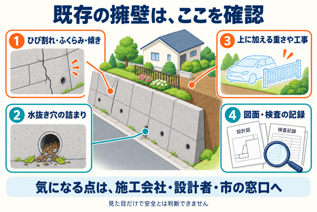 既存の擁壁で確認する4つの点。ひび割れ・ふくらみ・傾き、水抜き穴の詰まり、上に加える重さや工事、図面・検査の記録