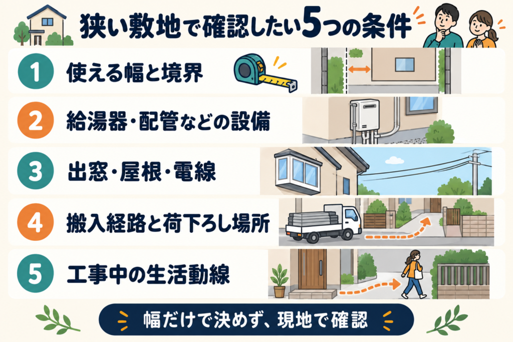 狭い敷地で確認したい5つの条件。使える幅と境界、給湯器・配管などの設備、出窓・屋根・電線、搬入経路と荷下ろし場所、工事中の生活動線
