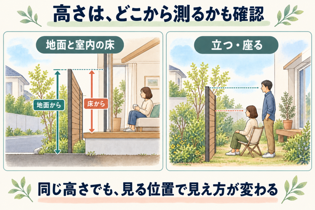 フェンスの高さはどこから測るか（地面と室内の床、立つ・座るの違い）