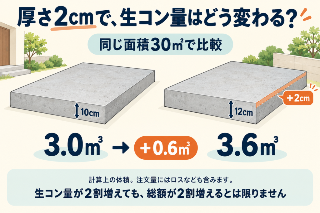 同じ面積30㎡でコンクリート厚10cmと12cmの計算上の生コン量を比べた図