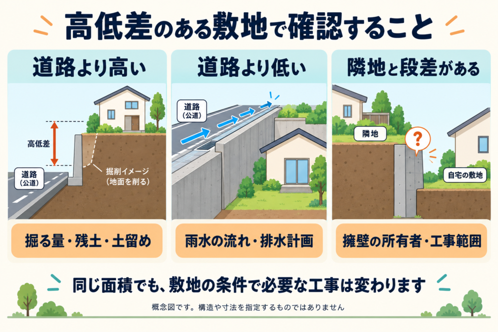 道路より高い敷地、道路より低い敷地、隣地と段差がある敷地で確認することの違いを示す概念図。高い敷地は掘る量・残土・土留め、低い敷地は雨水の流れと排水計画、隣地と段差がある敷地は擁壁の所有者と工事範囲