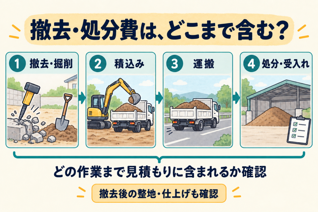 撤去・掘削、積込み、運搬、処分・受入れの4つの作業と、費用に含む範囲の確認図