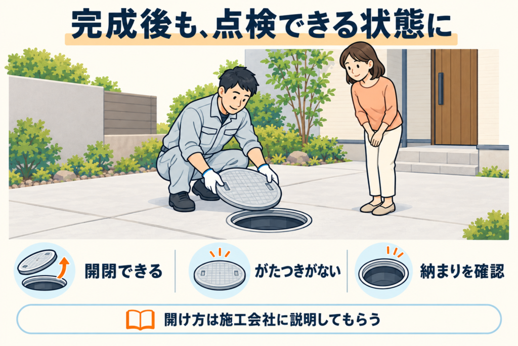 完成後に作業員が桝の蓋を開け、施主と一緒に確認しているイラスト